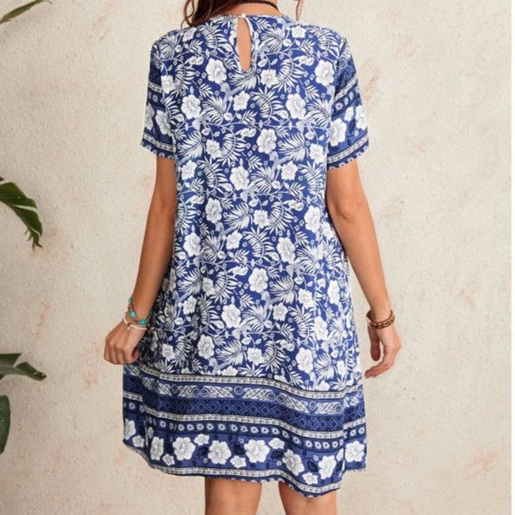 Boho Blue Floral Print Dress - Picture 2 of 7